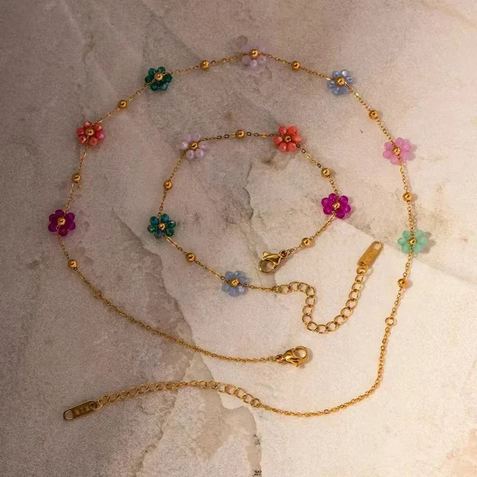 Set Halskette und Armkette in Gold mit bunten Blumen