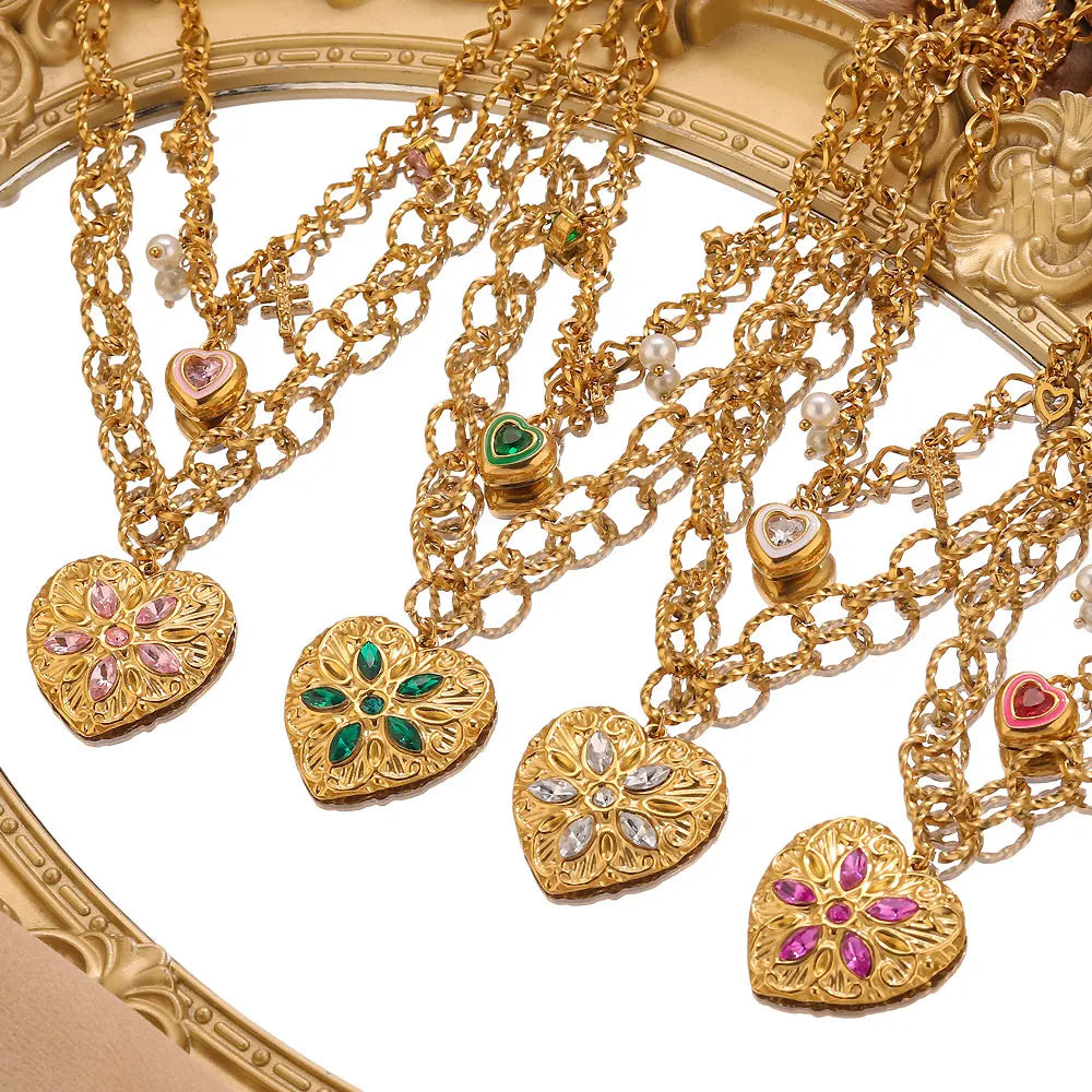 Elegante, doppelreihige Herz-Halskette mit Glitzersteinen