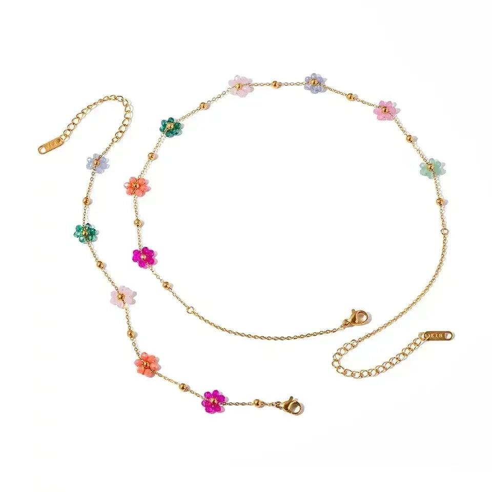 Set Halskette und Armkette in Gold mit bunten Blumen