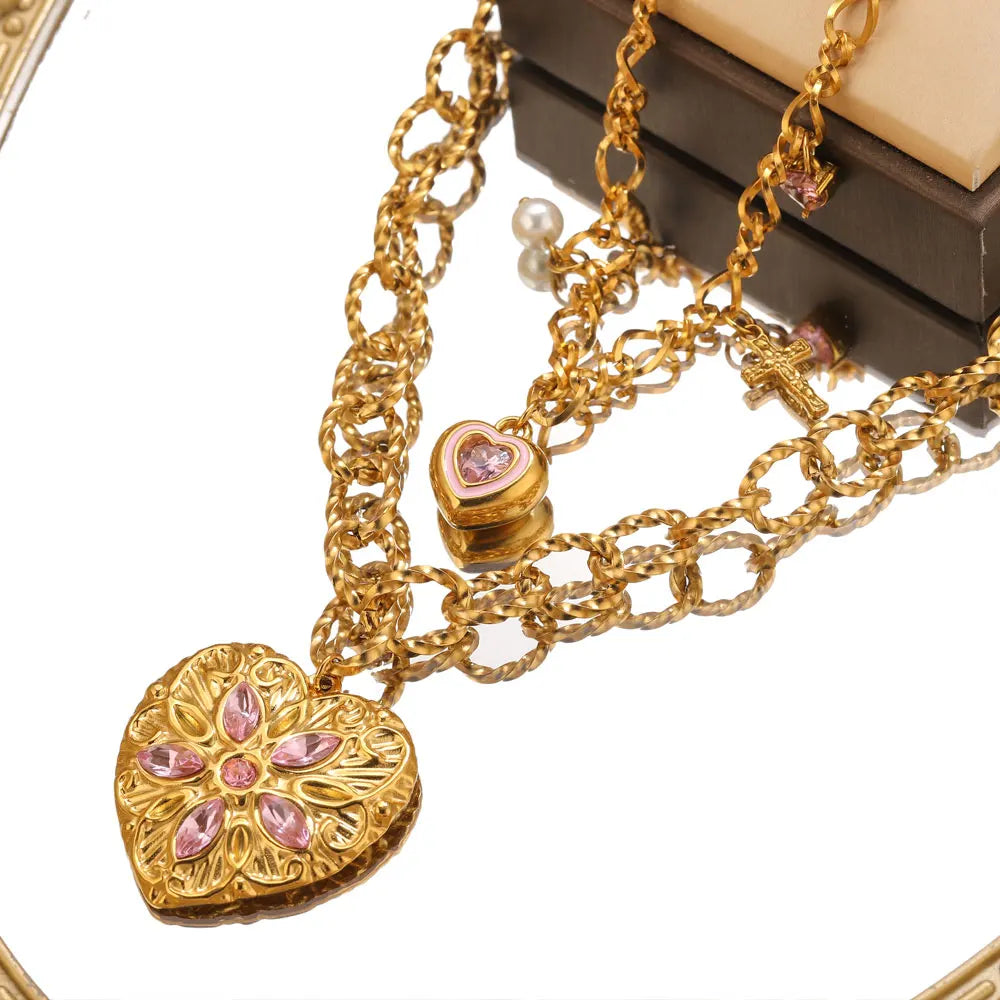 Elegante, doppelreihige Herz-Halskette mit Glitzersteinen